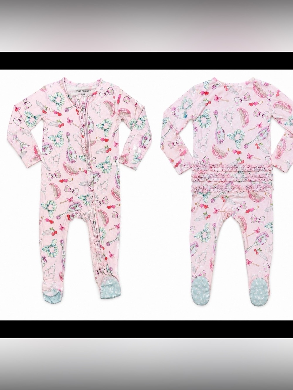 Posh Peanut Carlita Hair Salon 6-9 Ruffle Footed onesie pajamas baby Bamboo EUC